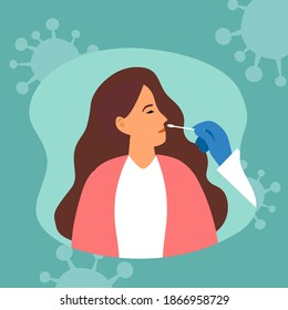 Covid-19 coronavirus testing carried out by a medical professional staff, doctor or nurse. Patient receiving a coronavirus test. DNA test by nose swap probe at hospital in flat design vector.	
