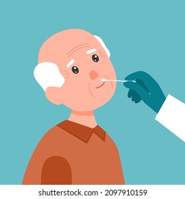 Covid-19 coronavirus testing carried out by a medical professional staff, doctor or nurse. Senior old man receiving a coronavirus test. DNA test by nose swap probe at hospital in flat design vector.