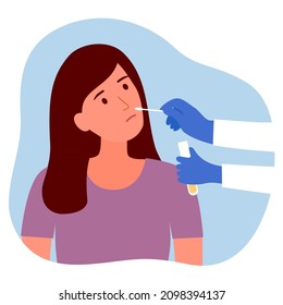 Covid-19 coronavirus testing carried out by a medical professional staff, doctor or nurse. Young woman receiving a coronavirus test. DNA test by nose swap probe at hospital in flat design vector.