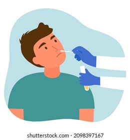 Covid-19 coronavirus testing carried out by a medical professional staff, doctor or nurse. Young man receiving a coronavirus test. DNA test by nose swap probe at hospital in flat design vector.