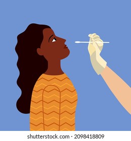 Covid-19 coronavirus testing carried out by a medical professional staff, doctor or nurse. Black woman receiving a coronavirus test. DNA test by nose swap probe at hospital in flat design vector.