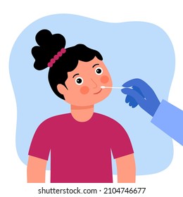 Covid-19 coronavirus testing carried out by a medical professional staff, doctor or nurse. Girl child receiving a coronavirus test. DNA test by nose swap probe at hospital in flat design vector.