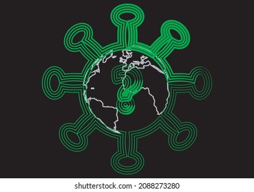 
Covid-19 Or Coronavirus, Uncertainty On Planet Earth, Neon Green Stroke On Black Background. Global Uncertainty