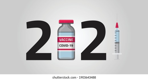 Covid-19 coronavirus vaccination 2021 poster. Red. Vaccine vial and syringe. Vector illustration. Happy New Year. Happy New Year 2021.