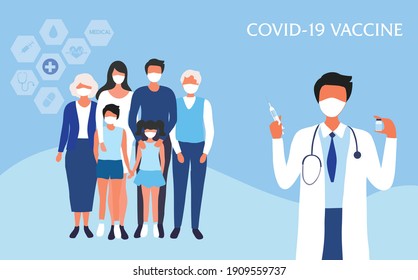 Covid-19 Coronavirus Vaccination Concept. Doctor Injecting Covid-19 Vaccine To Family Vector Illustration.