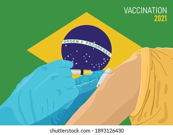 Covid-19 Coronavirus vaccination concept. Illustration of Doctor injecting cure through vaccine into hand with flag of Brazil background. EPS Vector