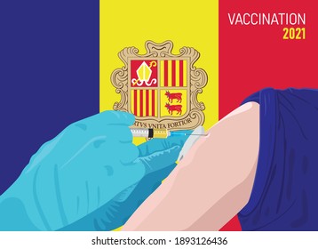 Covid-19 Coronavirus vaccination concept. Illustration of Doctor injecting cure through vaccine into hand with flag of Andorra background. EPS Vector