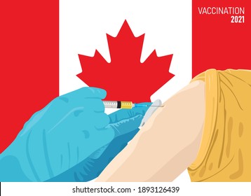 Covid-19 Coronavirus vaccination concept. Illustration of Doctor injecting cure through vaccine into hand with flag of Canada background. EPS Vector