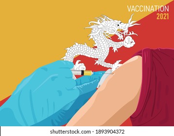 Covid-19 Coronavirus vaccination concept. Illustration of Doctor injecting cure through vaccine into hand with flag of Bhutan background. EPS Vector