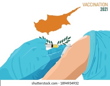 Covid-19 Coronavirus vaccination concept. Illustration of Doctor injecting cure through vaccine into hand with flag of Cyprus background. EPS Vector