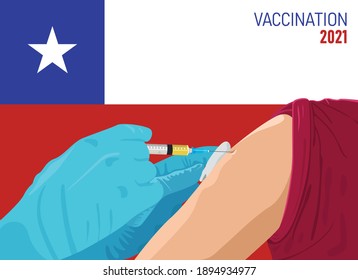 Covid-19 Coronavirus vaccination concept. Illustration of Doctor injecting cure through vaccine into hand with flag of Chile background. EPS Vector
