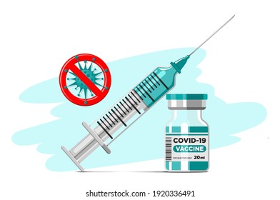 Covid-19 Coronavirus Vaccination Concept. Vaccine Vial And Syringe With Needle. Vector Template