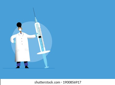 COVID-19 Coronavirus vaccination international campaign. Flat vector illustration with a black woman doctor holding a syringe, wearing protective gloves and face mask. Vaccine against covid 19.