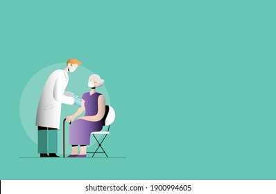 COVID-19 Coronavirus vaccination international campaign flat vector illustration. Man doctor holding a syringue vaccinating an old lady. Two people wearing a face mask.Vaccination of the elderly.