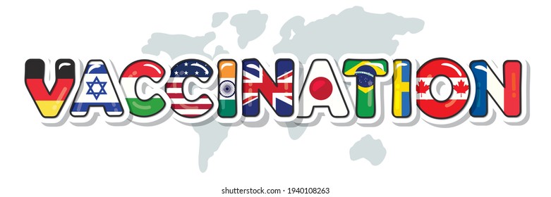 Covid-19 coronavirus vaccination. Motivational banner. World country flag letters. Vector illustration