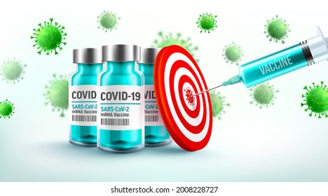 Vacunación de Covid-19 coronavirus con vacunas de mRNA e inyección de jeringuillas para el objetivo.Vacuna contra el virus de Corona y Medicina, COVID-19 y virus de Corona SARS CoV 2.2019 Virus de la hepatitis C y concepto de vacunas