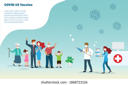 Covid-19 coronavirus vaccination for people all aged. Doctor injecting covid-19 vaccine to happy big family, elderly, young man and kids at hospital. World hope for covid-19 vaccine concept.