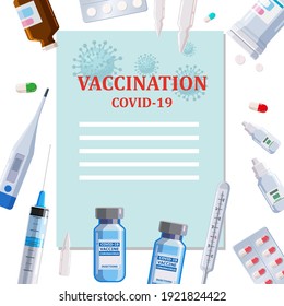 Covid-19 coronavirus Vaccination poster template concept, text place. White blanc, syringe, tablet, pills, thermometer. Medical treatment, healthcare preventation and immunize