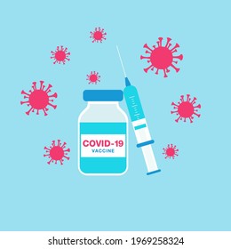 Covid-19 coronavirus vaccination with vaccine bottle and syringe injection,Virus prevention. vector illustration