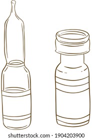 COVID-19 Coronavirus Vaccine bottle doodle. Hand drawn drug ampoules  and bottle for injection isolated. Isolated line art vintage vector. Vaccination, immunization, treatment