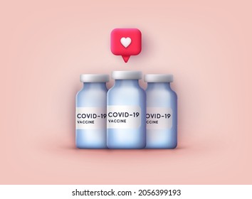 Covid-19 coronavirus vaccine. Vaccine bottle. Covid19 immunization treatment. 3D Web Vector Illustrations.