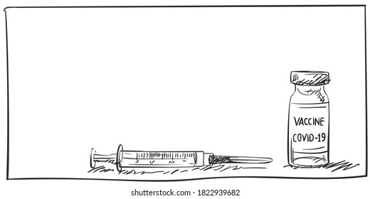 COVID-19 Coronavirus Vaccine bottle and syringe vector drawing. Closeup hand drawn Isolated on white background. Drug ampoule template, Vaccination concept banner with space for text