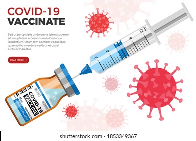 Covid-19 Coronavirus-Impfstoffflasche und Injektion der Spritze. Zur Behandlung einer Injektion für Coronavirus covid-19. Seitenvorlage für die Landung. Einzelne Vektorgrafik