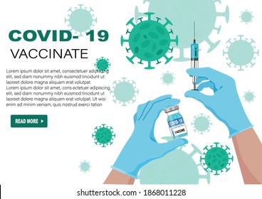 Covid-19 coronavirus vaccine bottle and syringe injection. Treatment injection for coronavirus covid-19. Landing page template. Isolated vector illustration