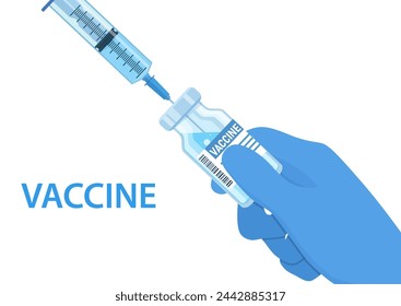 Covid-19 coronavirus vaccine bottle and syringe injection in doctor hands. Covid-19 Coronavirus concept. Syringe for injection and vaccine bottles. Vector illustration in a flat style