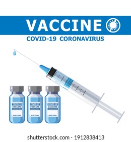 Covid-19 coronavirus vaccine concept banner. Syringe injection tool for immunization treatment and vaccine bottle. Treatment, provention or fight against for coronavirus covid-19. Vector illustration