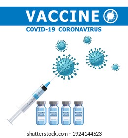 Covid-19 coronavirus vaccine concept banner. Syringe injection tool for immunization treatment and vaccine bottle. Treatment, provention or fight against for coronavirus covid-19. Vector illustration