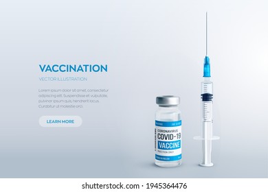 Covid-19 coronavirus vaccine concept. Realistic medical glass vial with metal cap and syringe vector background with copyspace. Vaccination against 2019-nCoV virus. Covid19 immunization treatment.