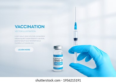 Covid-19 coronavirus vaccine concept. Realistic medical glass vial with metal cap and syringe in hand vector background. Vaccination against 2019-nCoV virus. Covid19 immunization treatment.