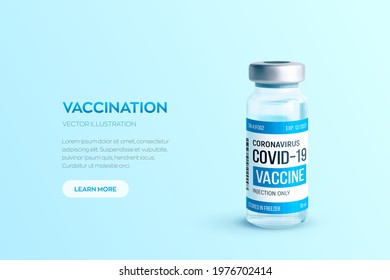 Covid-19 coronavirus vaccine concept. Realistic medical glass vial with metal cap vector background with copyspace. Vaccination against 2019-nCoV virus. Covid19 immunization treatment.