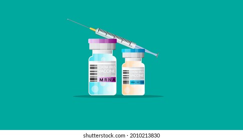 Covid-19 coronavirus vaccine concept. Syringe and vaccine vial flat icons. Treatment for coronavirus covid-19. Isolated vector illustration. MRNA. viral vector.