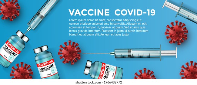 Covid-19 Coronavirus vaccine. Corona virus vaccination with vaccine bottle and syringe injection tool for covid19 immunization treatment. Vector illustration blue background.