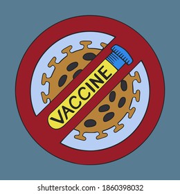 Covid19 coronavirus vaccine in doodle style. Vaccine ampoule for coronavirus treatment. Stop covid-19. Icon of  Coronavirus  COVID-19 vaccine discovery. Vector illustration.