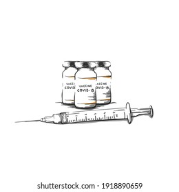 Covid-19 Coronavirus vaccine medicine bottles with syringe vector drawing concept. Vaccination concept. Hand drawn vaccine bottles and syringe for injection isolated