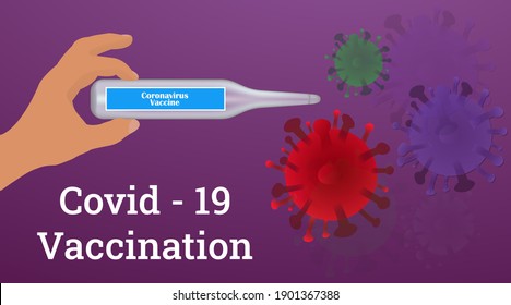 COVID-19 Coronavirus Vaccine and realistic syringe. Horizontal  banner for Covid Vaccination concept. Stock vector illustration on a purple isolated background.