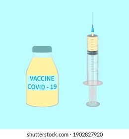  COVID-19 Coronavirus Vaccine and realistic syringe. Square  banner for Covid Vaccination concept. Stock vector illustration on a  isolated background.	