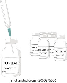 COVID-19 Coronavirus Vaccine and Syringe Concept Image. Stop pandemic coronavirus. Coronavirus vaccine vials medicine bottles syringe vector drawing.
