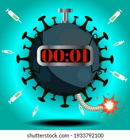 Covid-19, Coronavirus vaccine Syringe inject to virus boom on blue color Background. Vector illustration image.