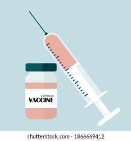 Covid-19 Coronavirus vaccine with syringe. Coronavirus prevention. Quarantine concept. Pandemic. Stop dangerous virus. Vaccination medical banner. Vector illustration.
