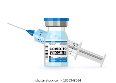 Вакцина от коронавируса COVID-19. Плоские значки шприца и флакона вакцины. Лечение коронавируса covid-19. Изолированный векторный рисунок