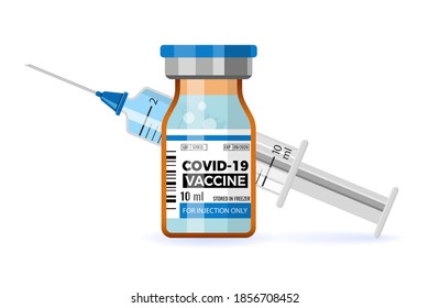 Covid-19 Coronavirus Vaccine. Syringe And Vaccine Vial Flat Icons. Treatment For Coronavirus Covid-19. Isolated Vector Illustration