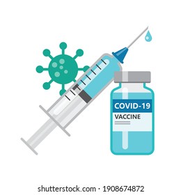 Covid-19 coronavirus vaccine, Syringe and vaccine vial with virus cell icon, Treatment vaccine injection, Medical flat simple outline logo, Isolated on white background, Vector illustration