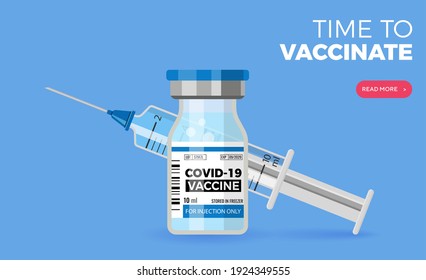 Covid-19 coronavirus vaccine. Syringe and vaccine vial flat icons. Treatment for coronavirus covid-19. Time to vaccinated. Isolated vector illustration