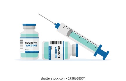 Covid-19 Coronavirus Vaccine. Syringe And Vaccine Vial Flat Icons. Treatment For Coronavirus Covid-19. Vector Illustration