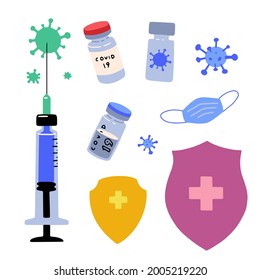 Covid-19 coronavirus vaccine. Syringe, vaccine vial, mask. Treatment for coronavirus covid-19. Isolated flat cartoon vector illustrations set, concept of vaccination, immunity.
