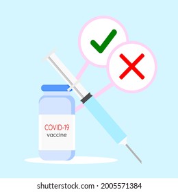 Covid-19 coronavirus vaccine. Syringe and vaccine vial flat icons. Treatment for coronavirus covid-19. right or wrong. Isolated vector illustration 